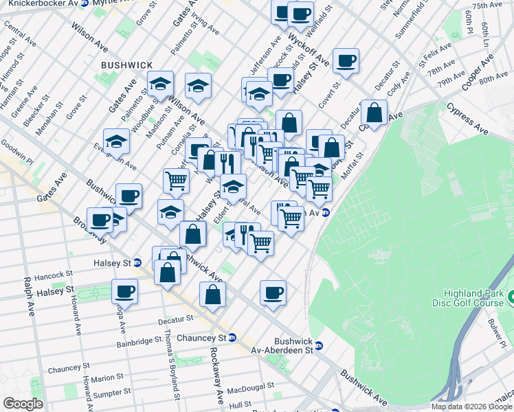 map of restaurants, bars, coffee shops, grocery stores, and more near 595 Central Avenue in Brooklyn