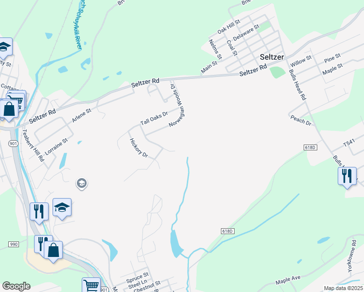 map of restaurants, bars, coffee shops, grocery stores, and more near 125 Evergreen Drive in Pottsville