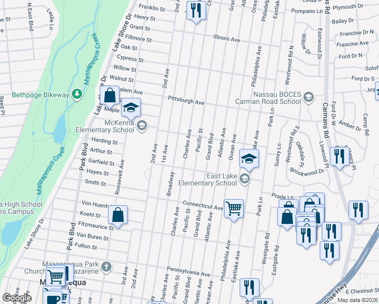 map of restaurants, bars, coffee shops, grocery stores, and more near 219 Charles Avenue in Massapequa Park