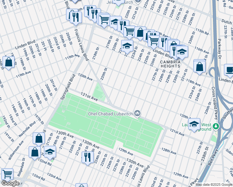 map of restaurants, bars, coffee shops, grocery stores, and more near 120-11 223rd Street in Queens