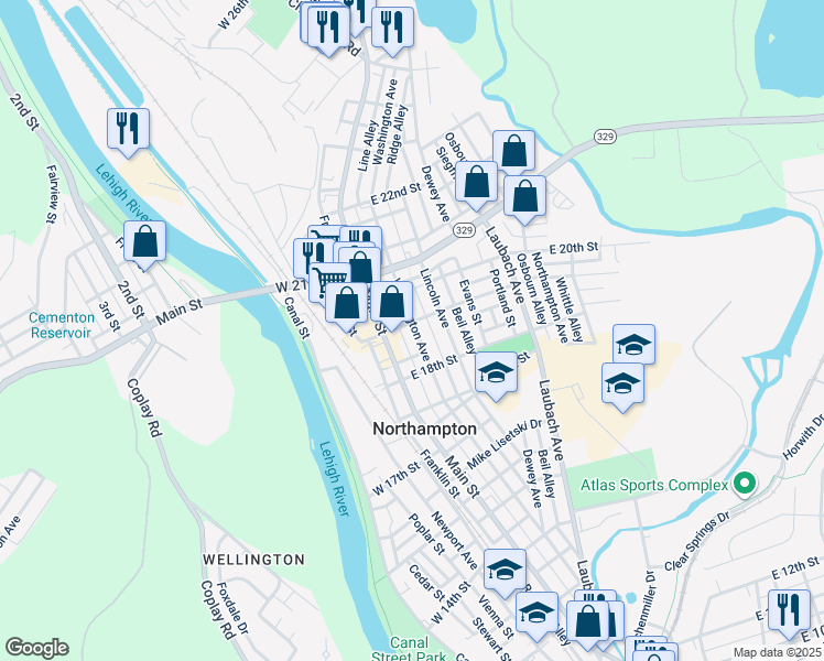map of restaurants, bars, coffee shops, grocery stores, and more near 1854 Washington Avenue in Northampton