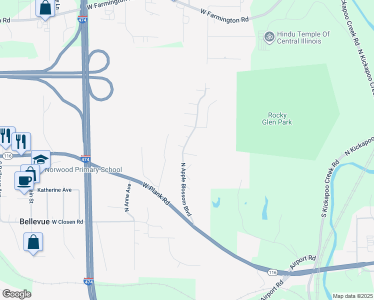 map of restaurants, bars, coffee shops, grocery stores, and more near 204 North Apple Blossom Boulevard in Bellevue