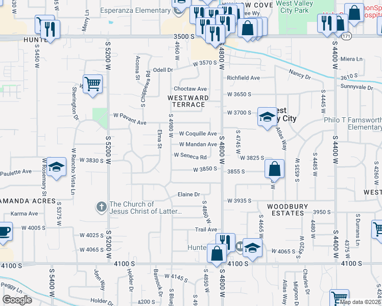 map of restaurants, bars, coffee shops, grocery stores, and more near 4912 West Seneca Road in West Valley City