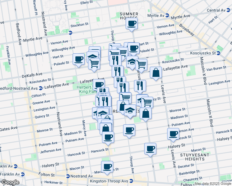 map of restaurants, bars, coffee shops, grocery stores, and more near 434 Throop Avenue in Brooklyn