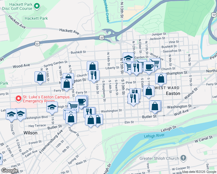map of restaurants, bars, coffee shops, grocery stores, and more near 44 Raspberry Street in Easton