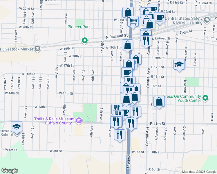 map of restaurants, bars, coffee shops, grocery stores, and more near 1401-1499 4th Avenue in Kearney