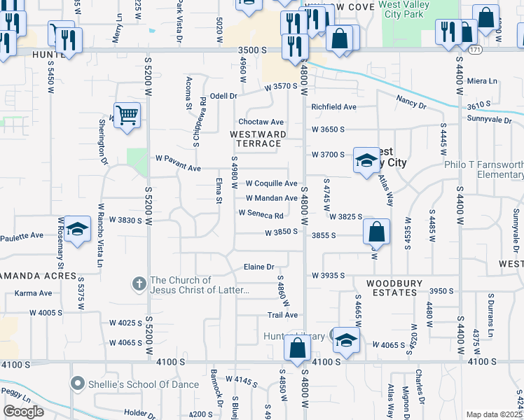 map of restaurants, bars, coffee shops, grocery stores, and more near 4912 West Seneca Road in West Valley City
