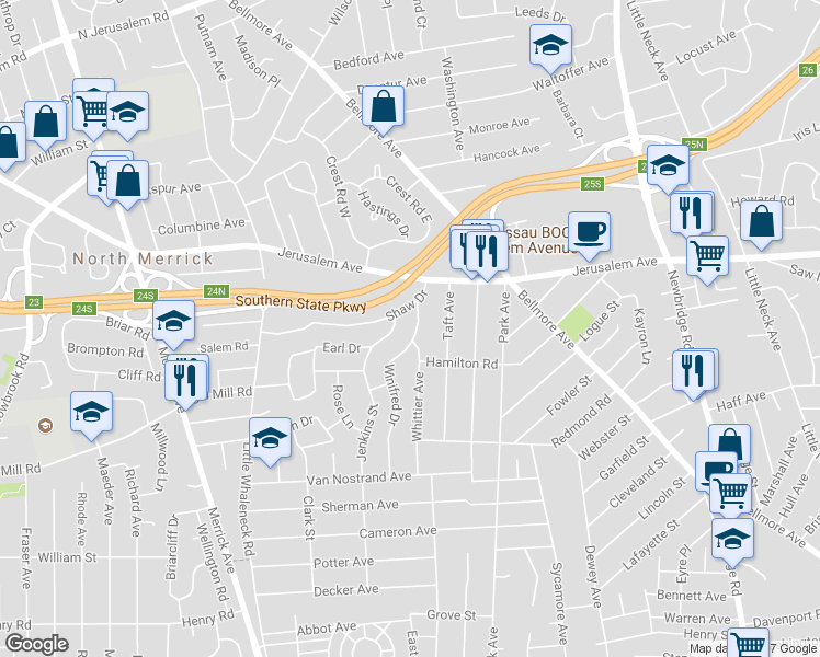 map of restaurants, bars, coffee shops, grocery stores, and more near 24 Winifred Drive in Merrick