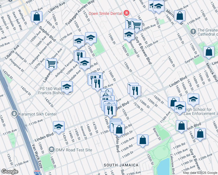map of restaurants, bars, coffee shops, grocery stores, and more near 153-28 111th Avenue in Queens