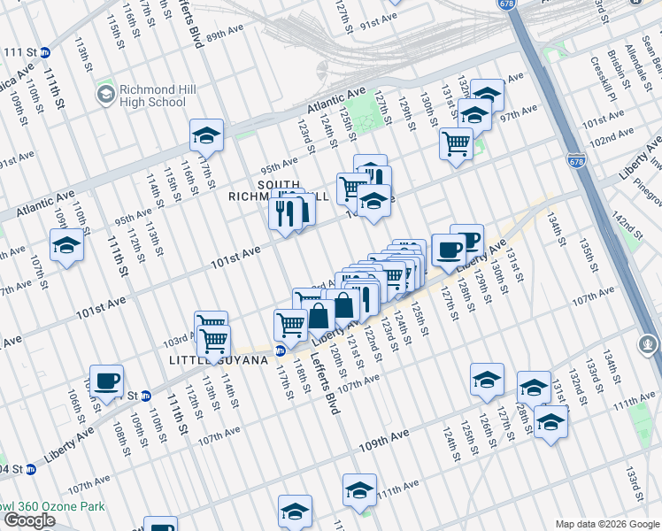 map of restaurants, bars, coffee shops, grocery stores, and more near 121-15 103rd Avenue in Queens