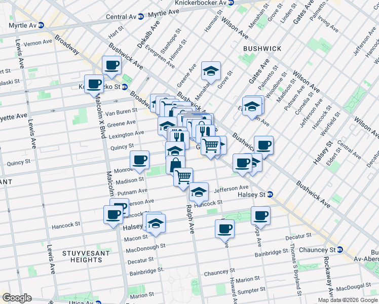 map of restaurants, bars, coffee shops, grocery stores, and more near 1010-1012 Gates Avenue in Brooklyn