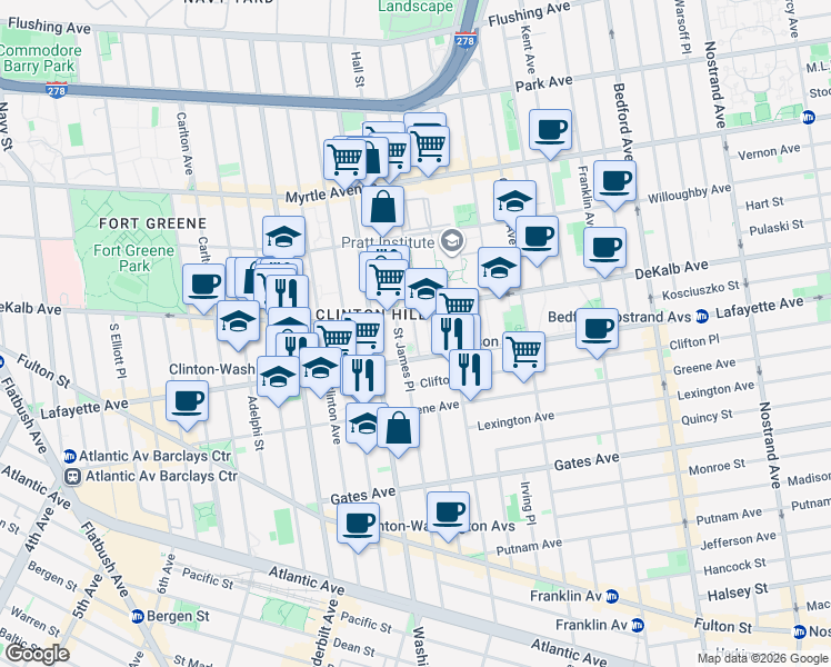 map of restaurants, bars, coffee shops, grocery stores, and more near 30 Saint James Place in Brooklyn