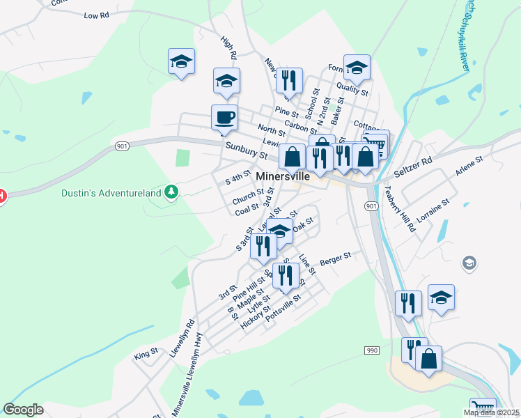 map of restaurants, bars, coffee shops, grocery stores, and more near 417 Coal Street in Minersville