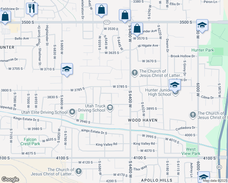 map of restaurants, bars, coffee shops, grocery stores, and more near 6490 West 3820 South in West Valley City