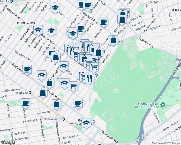 map of restaurants, bars, coffee shops, grocery stores, and more near 628 Wilson Avenue in Brooklyn