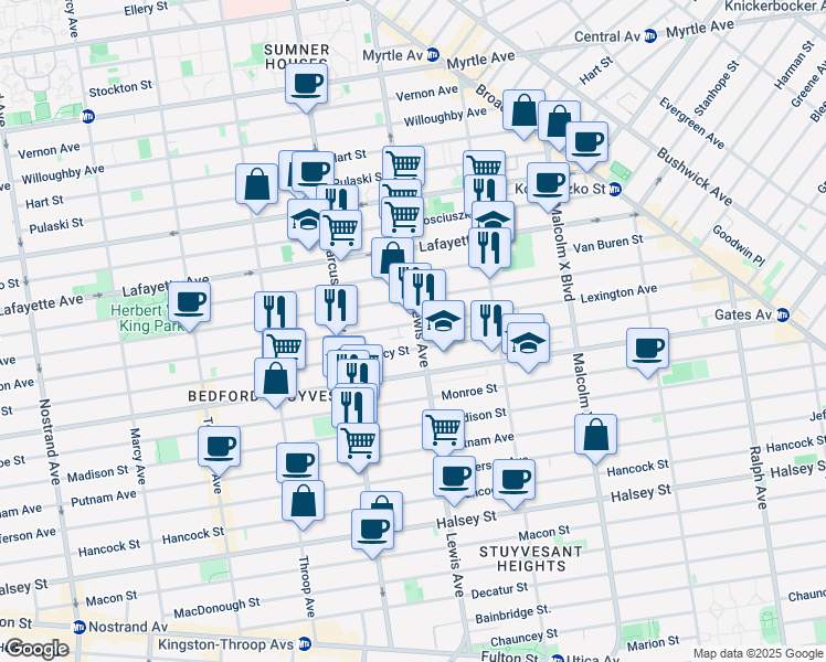 map of restaurants, bars, coffee shops, grocery stores, and more near 218 Lewis Avenue in Brooklyn
