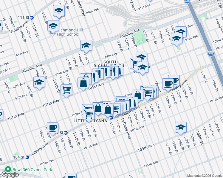 map of restaurants, bars, coffee shops, grocery stores, and more near 101-36 Lefferts Boulevard in Queens