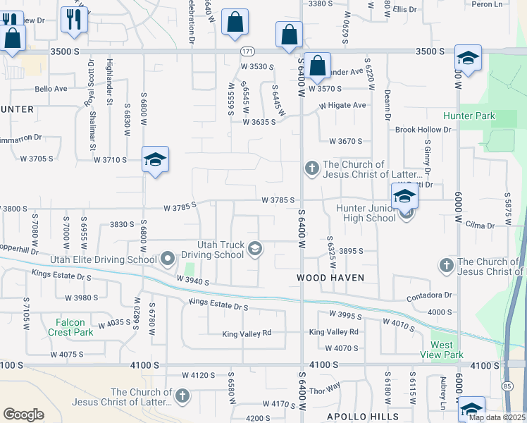 map of restaurants, bars, coffee shops, grocery stores, and more near 6490 West 3820 South in West Valley City