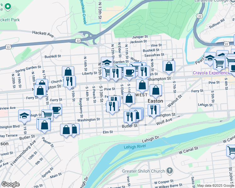 map of restaurants, bars, coffee shops, grocery stores, and more near 50 South 12th Street in Easton