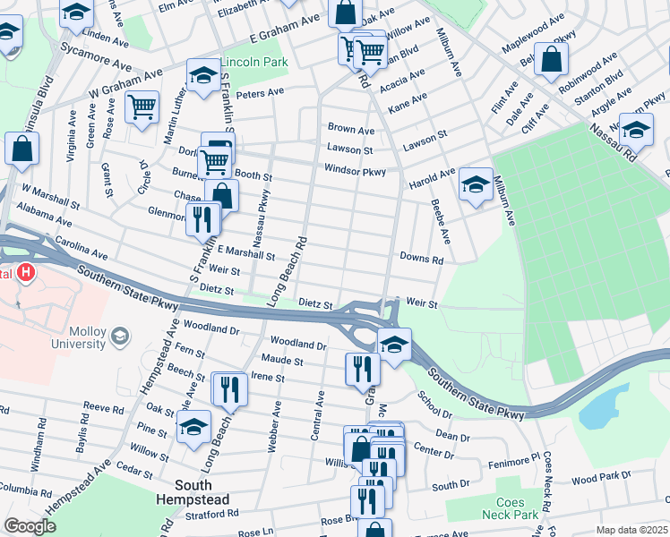 map of restaurants, bars, coffee shops, grocery stores, and more near 146 East Marshall Street in Hempstead