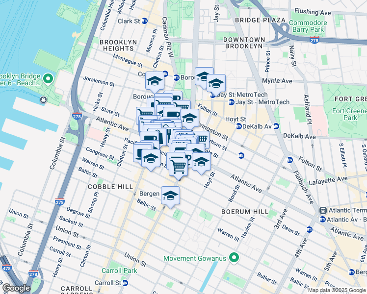 map of restaurants, bars, coffee shops, grocery stores, and more near 275 Atlantic Avenue in Brooklyn