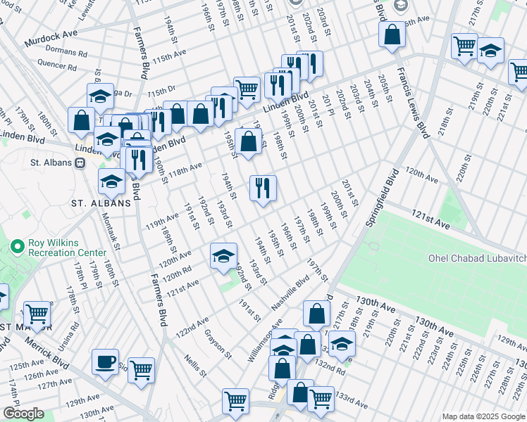 map of restaurants, bars, coffee shops, grocery stores, and more near 195-07 120th Avenue in Queens