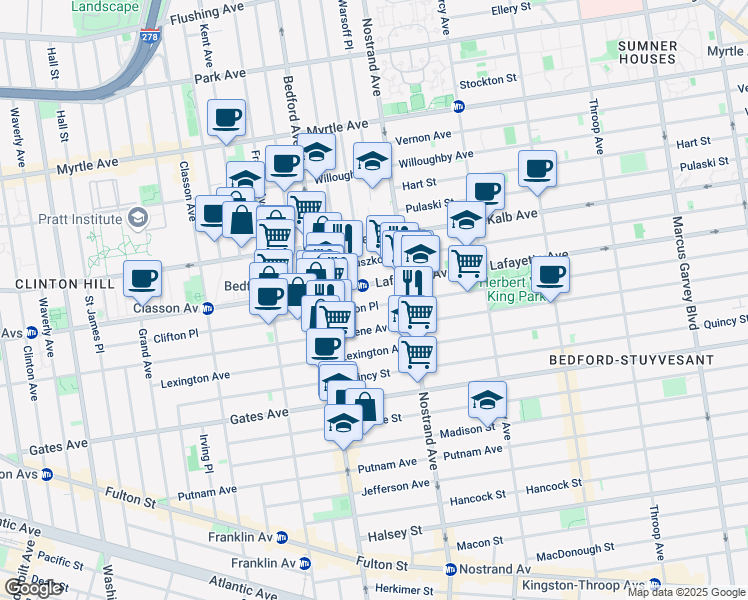 map of restaurants, bars, coffee shops, grocery stores, and more near 267 Clifton Place in Brooklyn