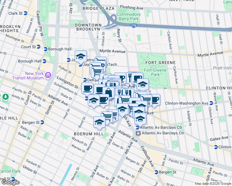map of restaurants, bars, coffee shops, grocery stores, and more near 395 Flatbush Avenue Extension in Brooklyn