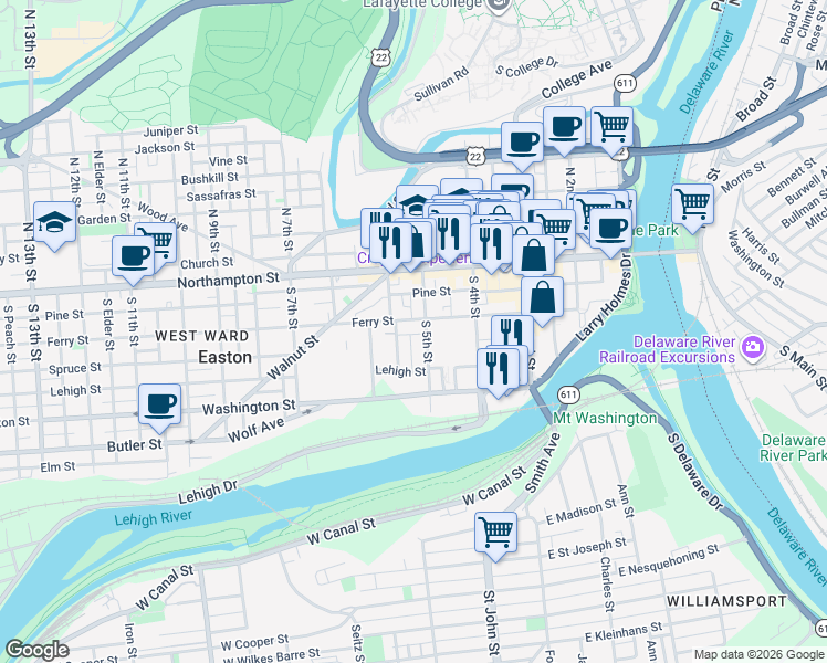map of restaurants, bars, coffee shops, grocery stores, and more near 121 South 5th Street in Easton