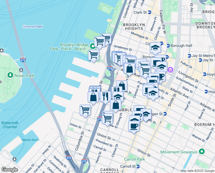 map of restaurants, bars, coffee shops, grocery stores, and more near 94 Congress Street in Brooklyn