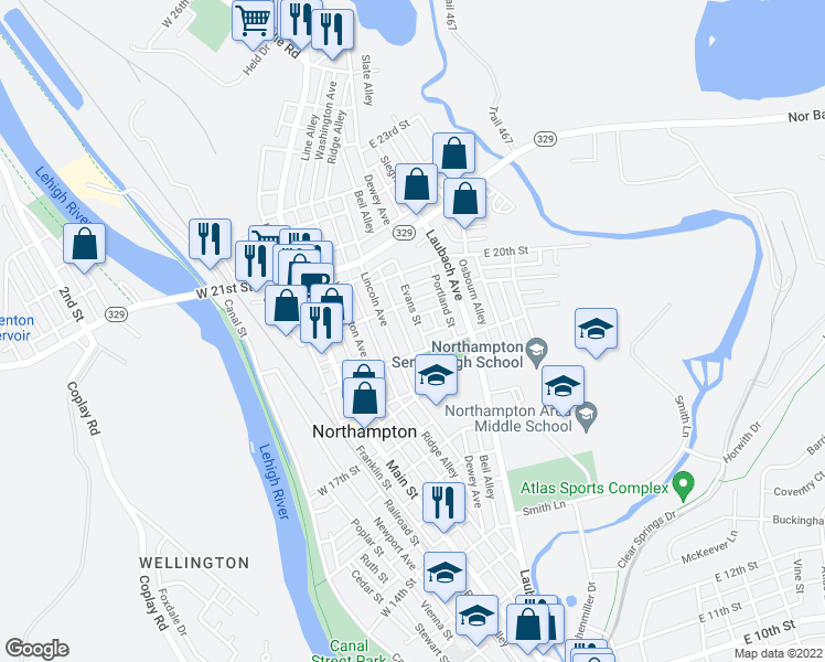 map of restaurants, bars, coffee shops, grocery stores, and more near 1802 Evans Street in Northampton