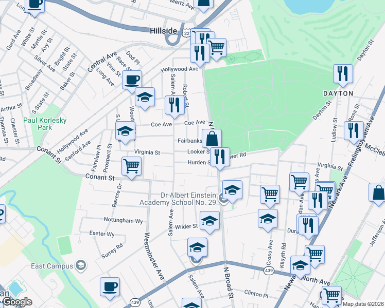 map of restaurants, bars, coffee shops, grocery stores, and more near 36 Looker Street in Hillside