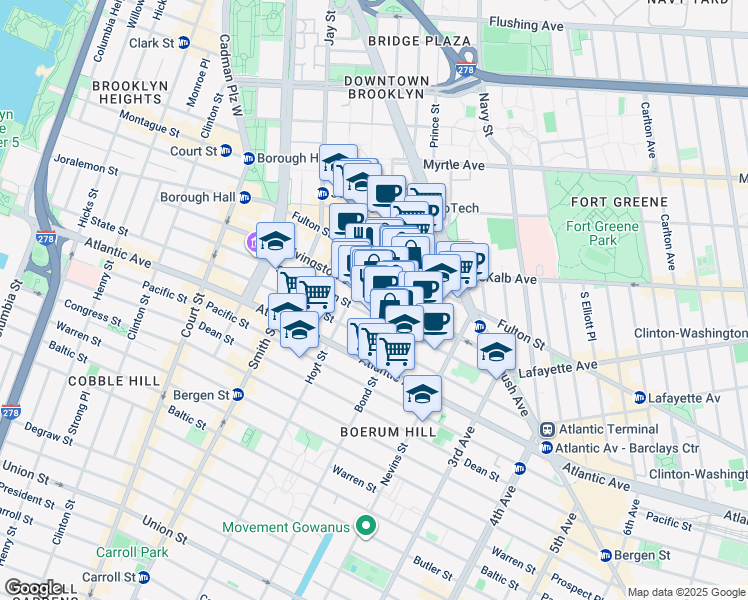 map of restaurants, bars, coffee shops, grocery stores, and more near 250 Livingston Street in Brooklyn
