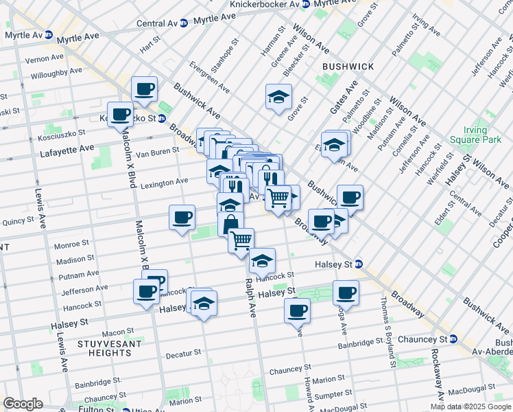 map of restaurants, bars, coffee shops, grocery stores, and more near 1014 Gates Avenue in Brooklyn