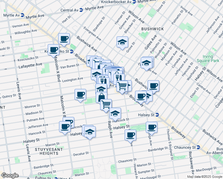 map of restaurants, bars, coffee shops, grocery stores, and more near 1010-1012 Gates Avenue in Brooklyn