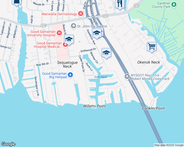map of restaurants, bars, coffee shops, grocery stores, and more near 2 Duck Lane in West Islip