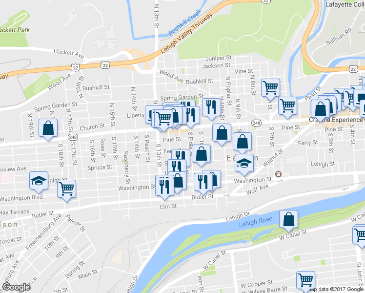 map of restaurants, bars, coffee shops, grocery stores, and more near 50 South 12th Street in Easton