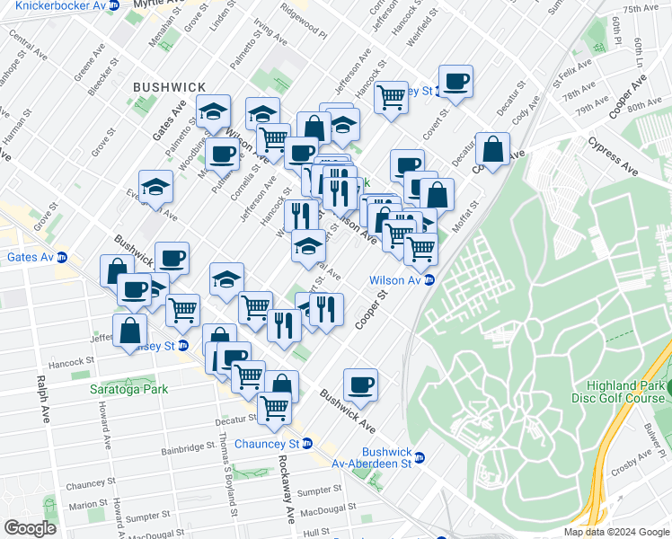 map of restaurants, bars, coffee shops, grocery stores, and more near 591 Central Avenue in Brooklyn