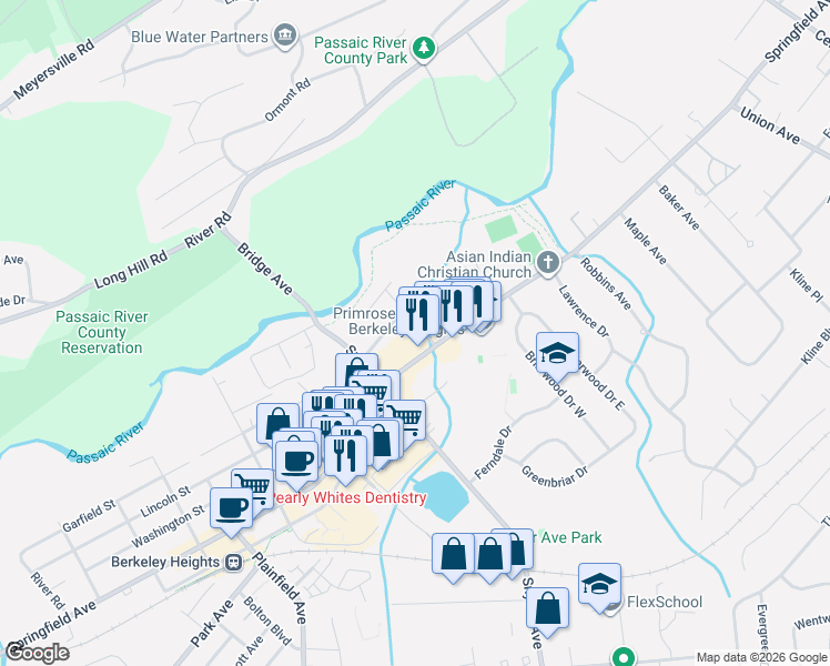 map of restaurants, bars, coffee shops, grocery stores, and more near 18 Kuntz Avenue in Berkeley Heights
