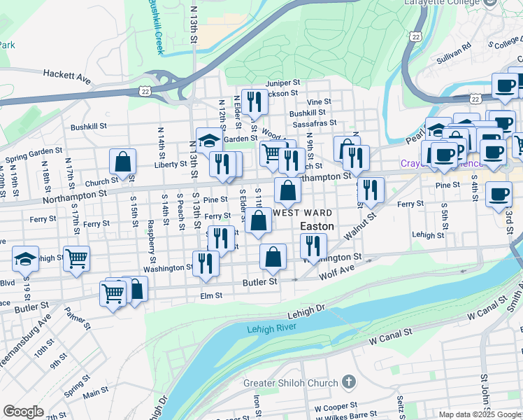 map of restaurants, bars, coffee shops, grocery stores, and more near 1051 Ferry Street in Easton