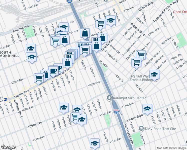 map of restaurants, bars, coffee shops, grocery stores, and more near 105-46 135th Street in Queens