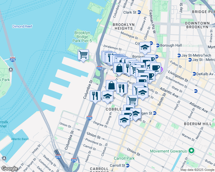 map of restaurants, bars, coffee shops, grocery stores, and more near 119 Congress Street in Brooklyn