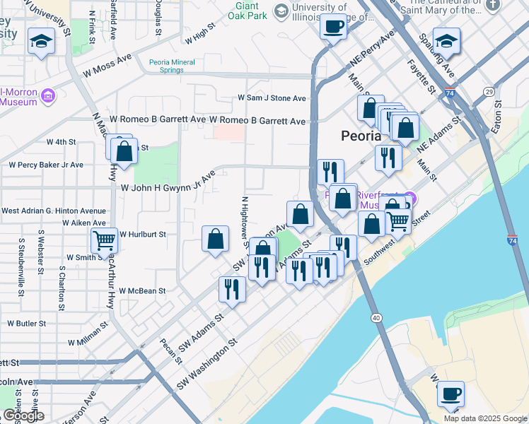 map of restaurants, bars, coffee shops, grocery stores, and more near in Peoria