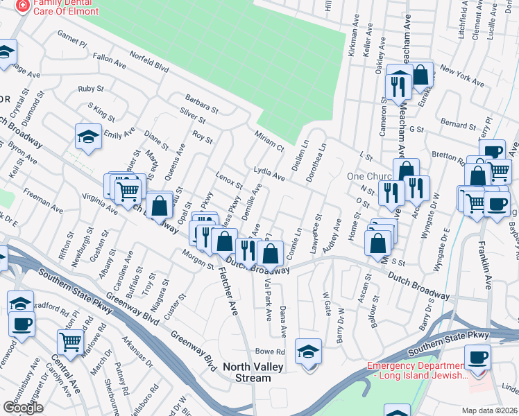 map of restaurants, bars, coffee shops, grocery stores, and more near 101 Russell Avenue in Elmont