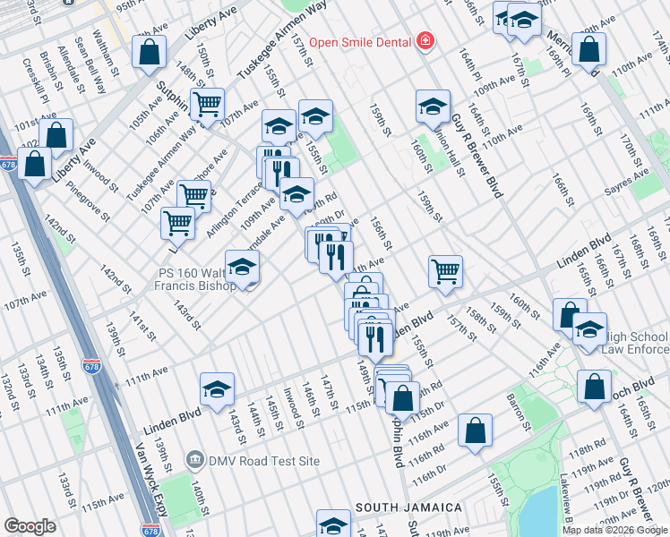 map of restaurants, bars, coffee shops, grocery stores, and more near 110-36 153rd Street in Queens
