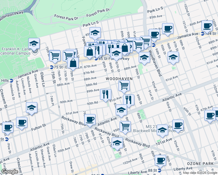 map of restaurants, bars, coffee shops, grocery stores, and more near 84-04 89th Avenue in Queens