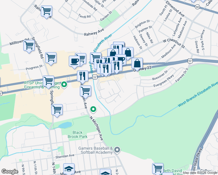 map of restaurants, bars, coffee shops, grocery stores, and more near 221 Broadmoor Court in Union
