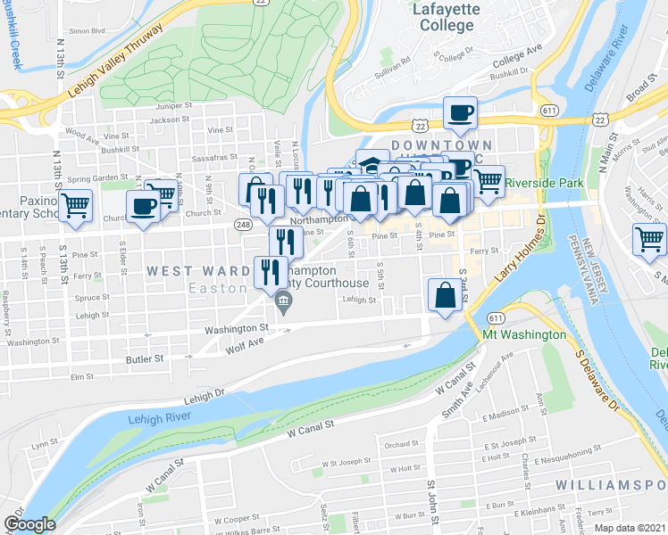 map of restaurants, bars, coffee shops, grocery stores, and more near 628 Ferry Street in Easton