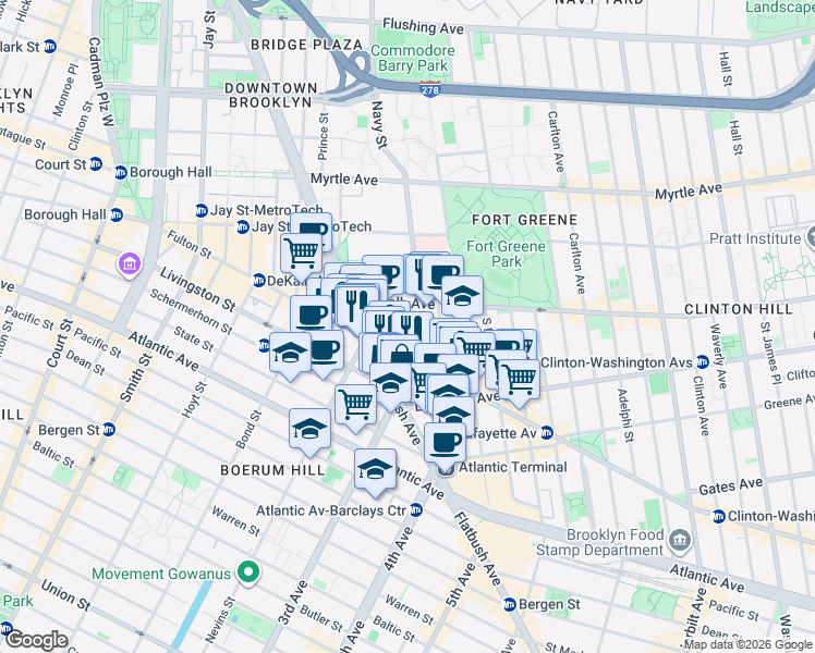 map of restaurants, bars, coffee shops, grocery stores, and more near 23 Rockwell Place in Brooklyn