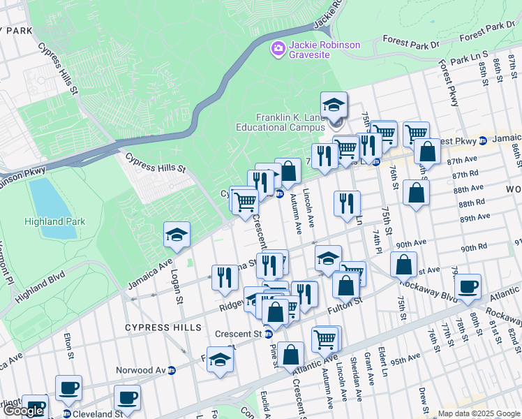 map of restaurants, bars, coffee shops, grocery stores, and more near 838 Jamaica Avenue in Brooklyn